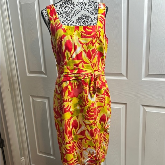 Lauren Ralph Lauren Yellow & Red Midi Dress Front Bow Sleeveless 10 - Picture 1 of 5